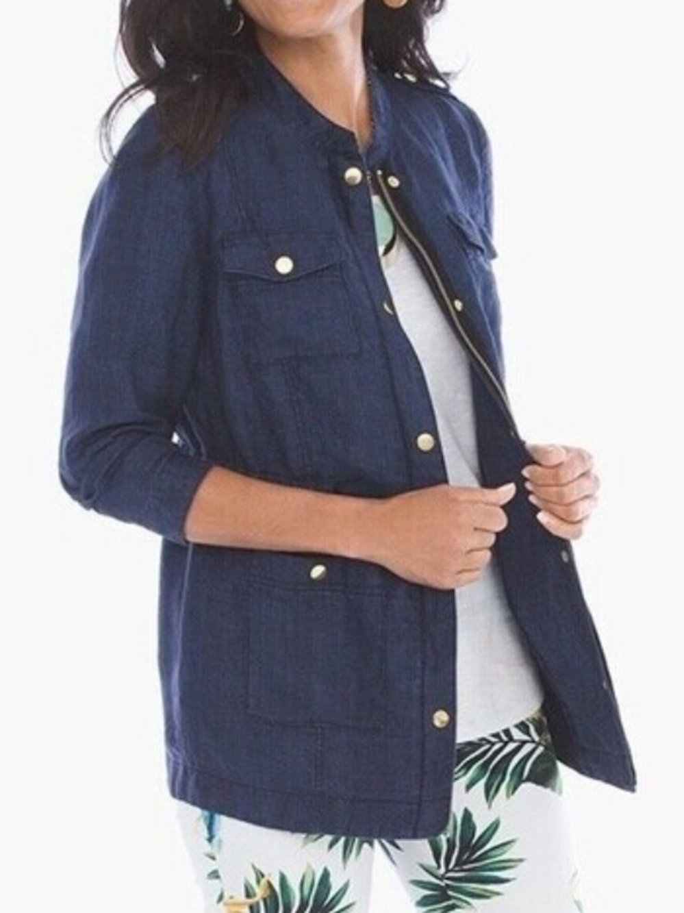 Chico's Dark Navy Utility Linen Jacket with Gold-Tone Snaps Size Medium